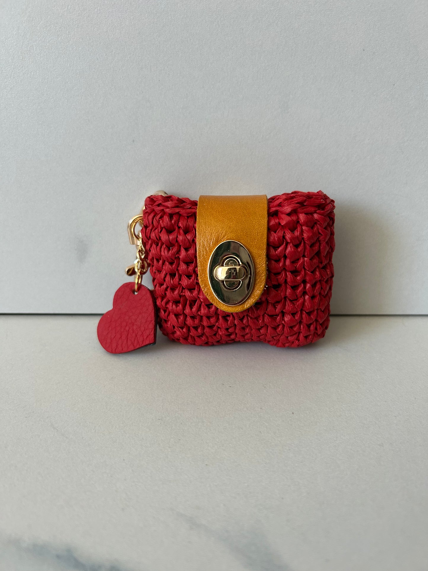 Red Raffia with Brown Leather and Red Heart Air Pod Case