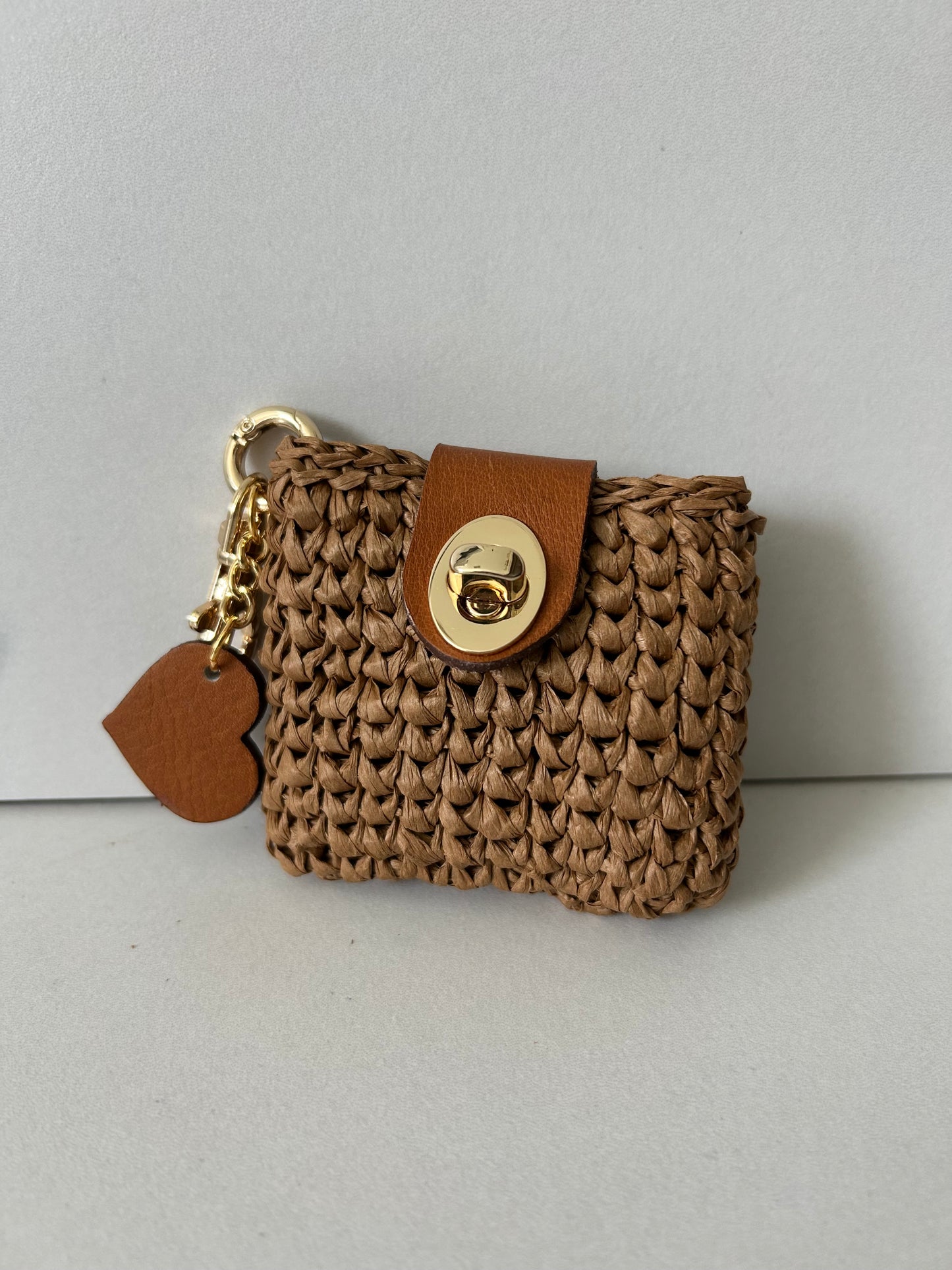 Chocolate Raffia and Brown Leather Heart AirPod Case