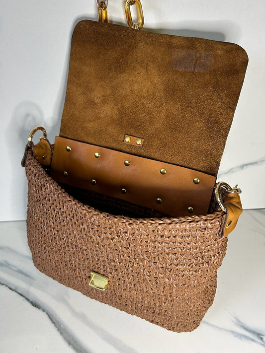 Chocolate Raffia and Italian Leather Bag