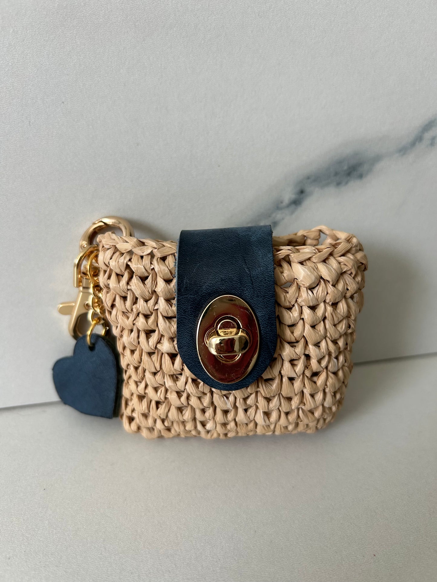 Natural Raffia with Deep Blue Leather Heart AirPod Case