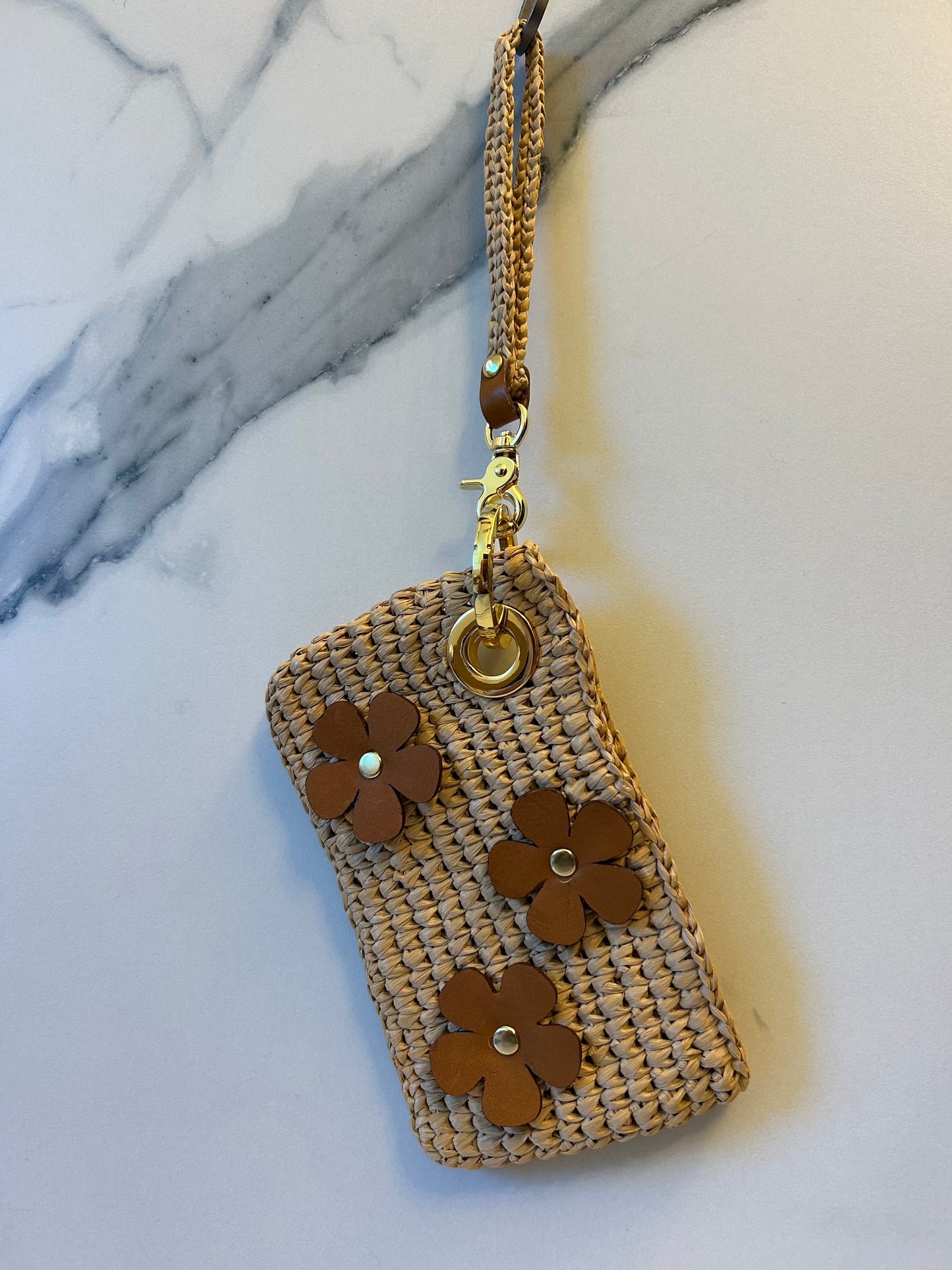 Natural Raffia with Leather Flowers Phone Wristlet