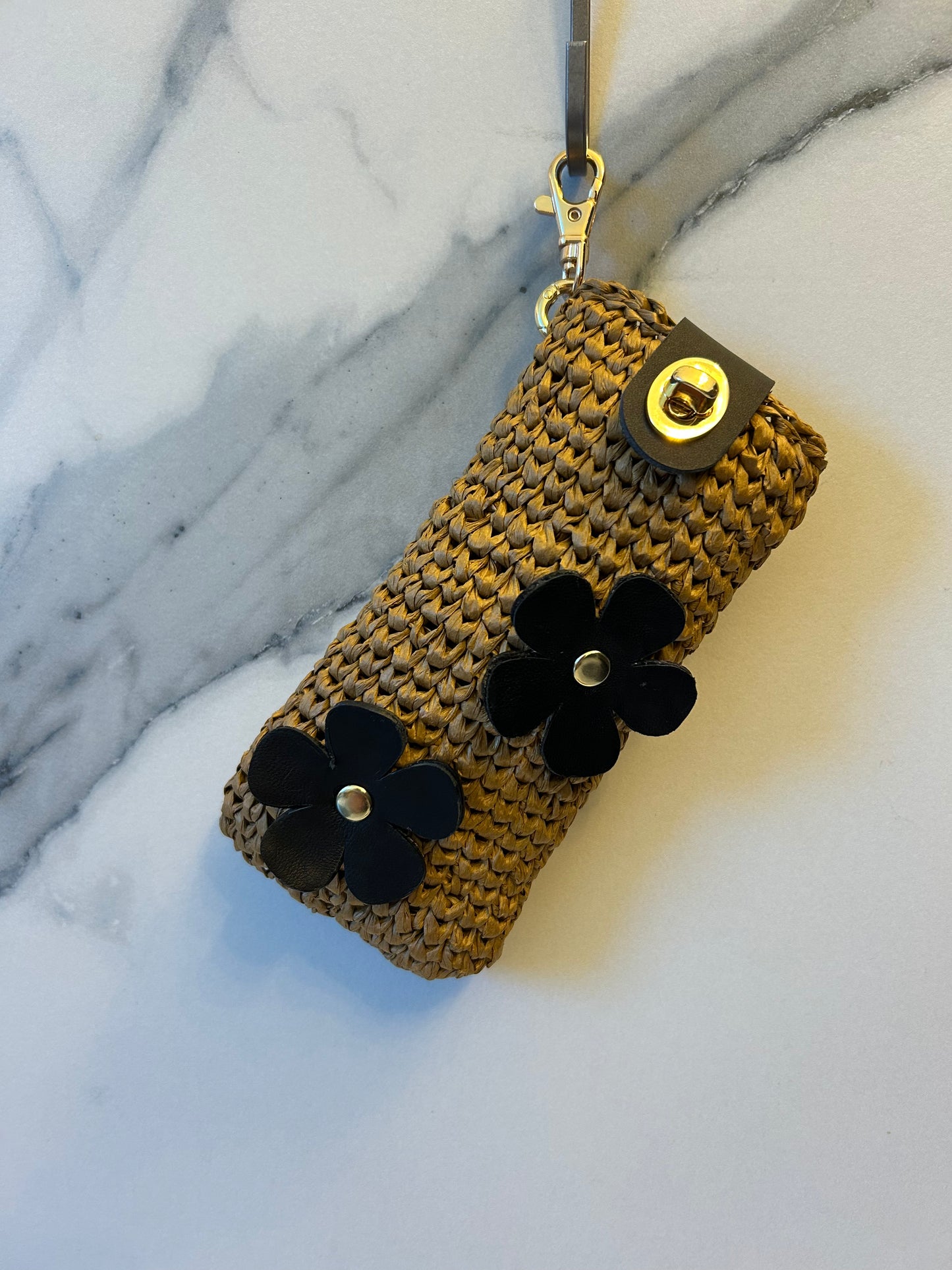 Chocolate Raffia with Leather Flowers Sunnies Case