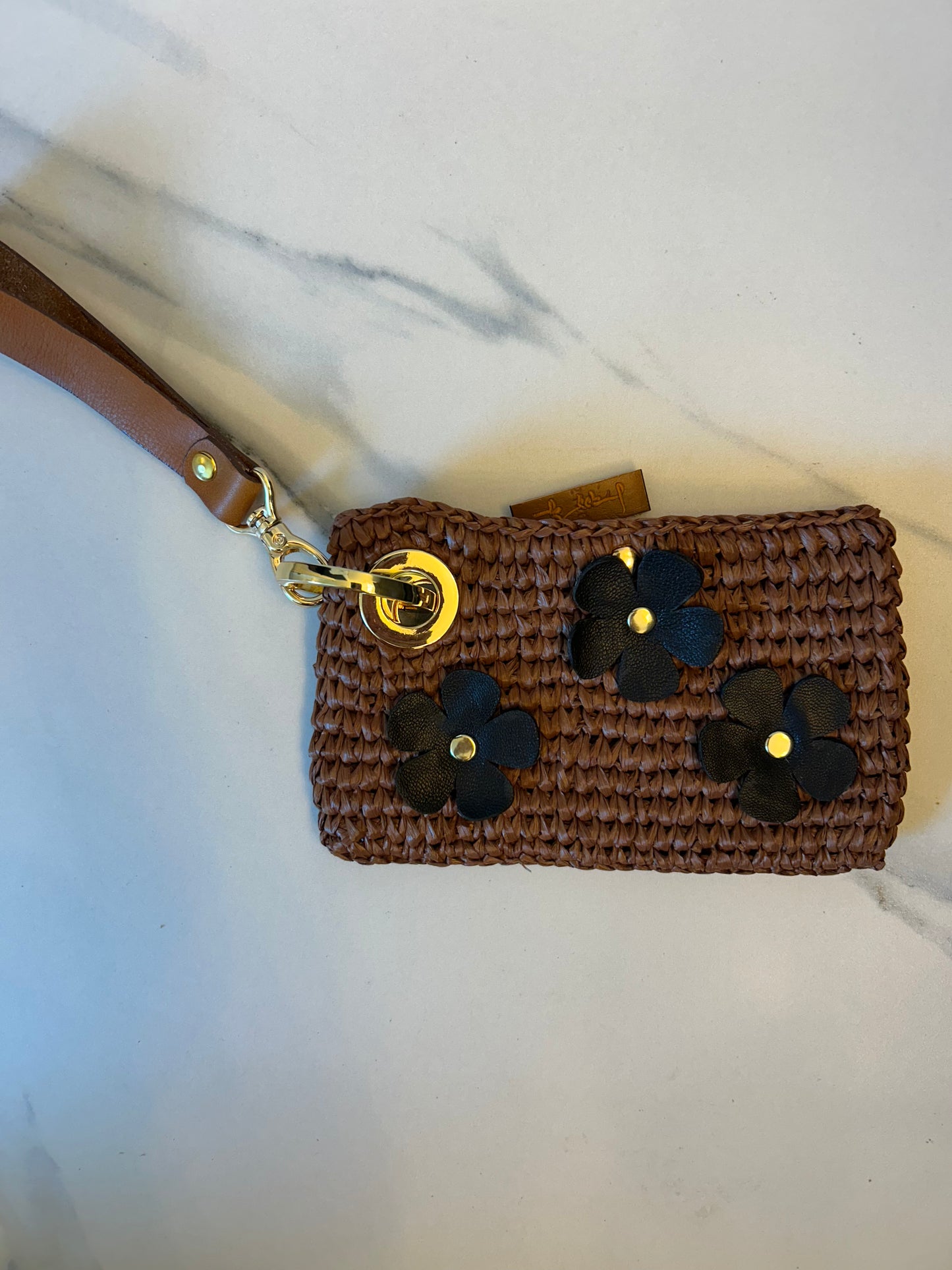 Espresso Raffia with Leather Flowers Phone Wristlet