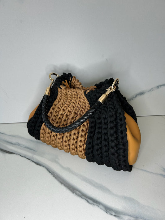 Black and Tan Italian Leather Gusset Waffle Bag