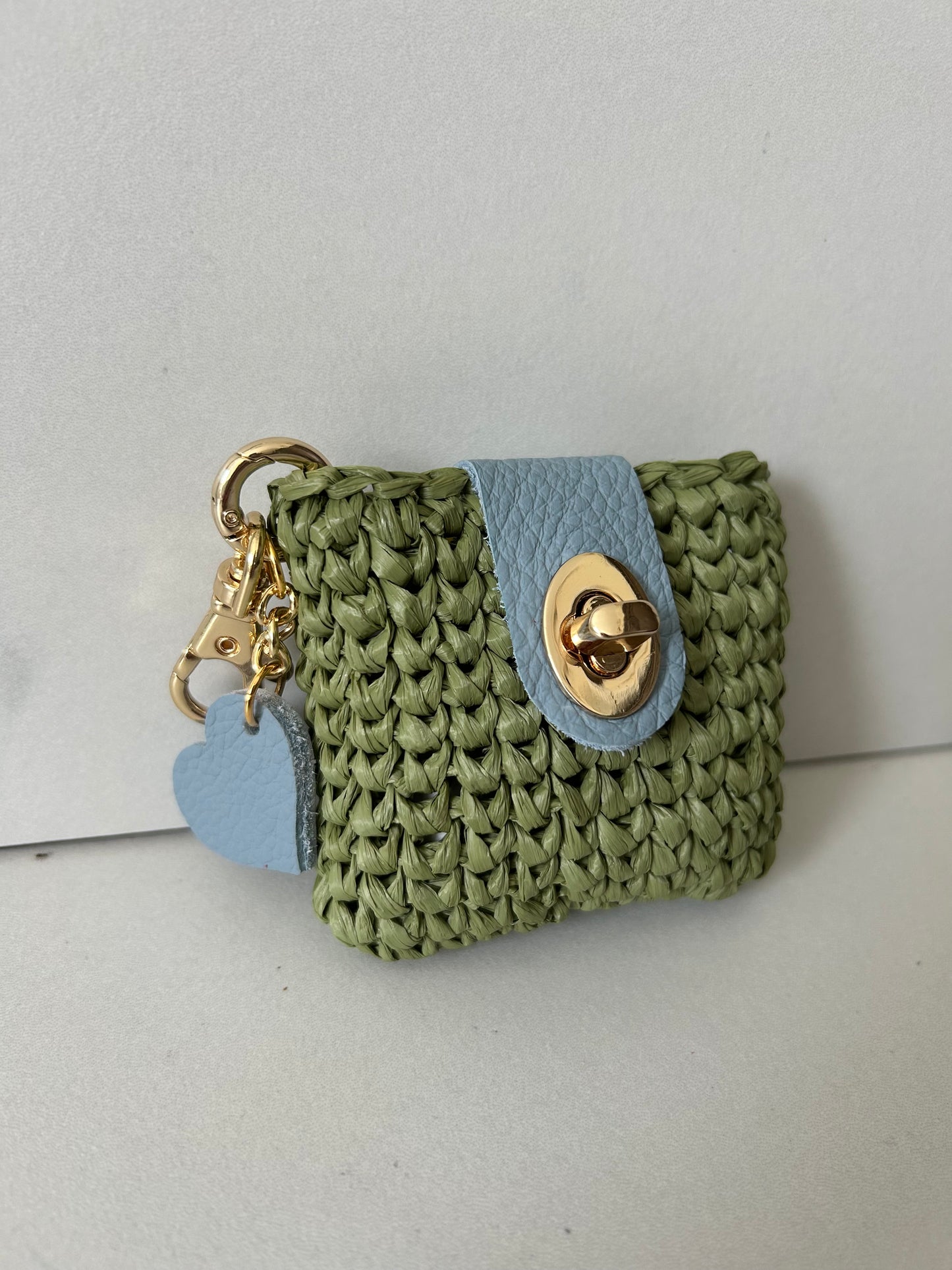 Matcha Raffia and Blue Leather Heart AirPod Case