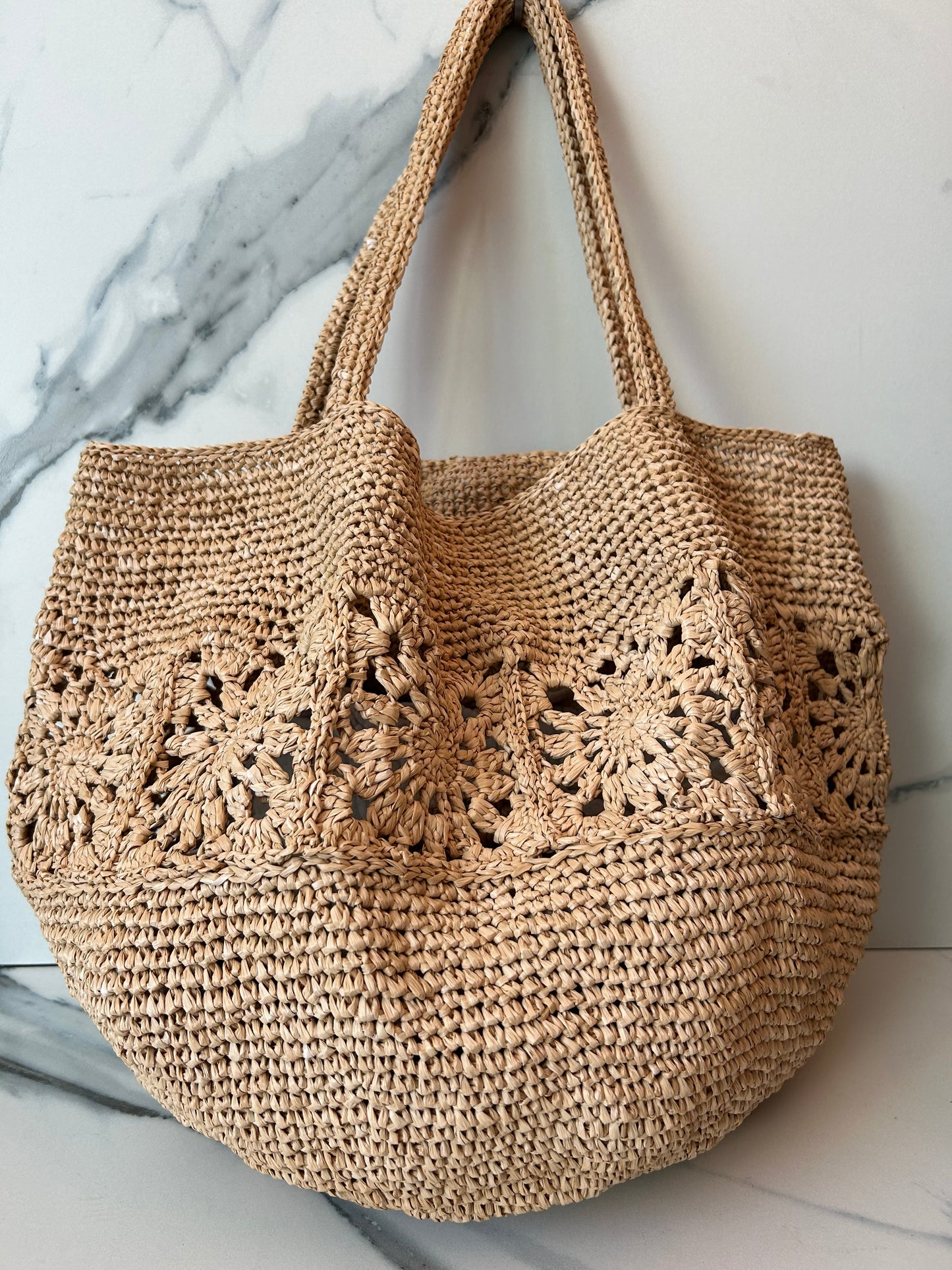 Natural Granny Square Beach Bag