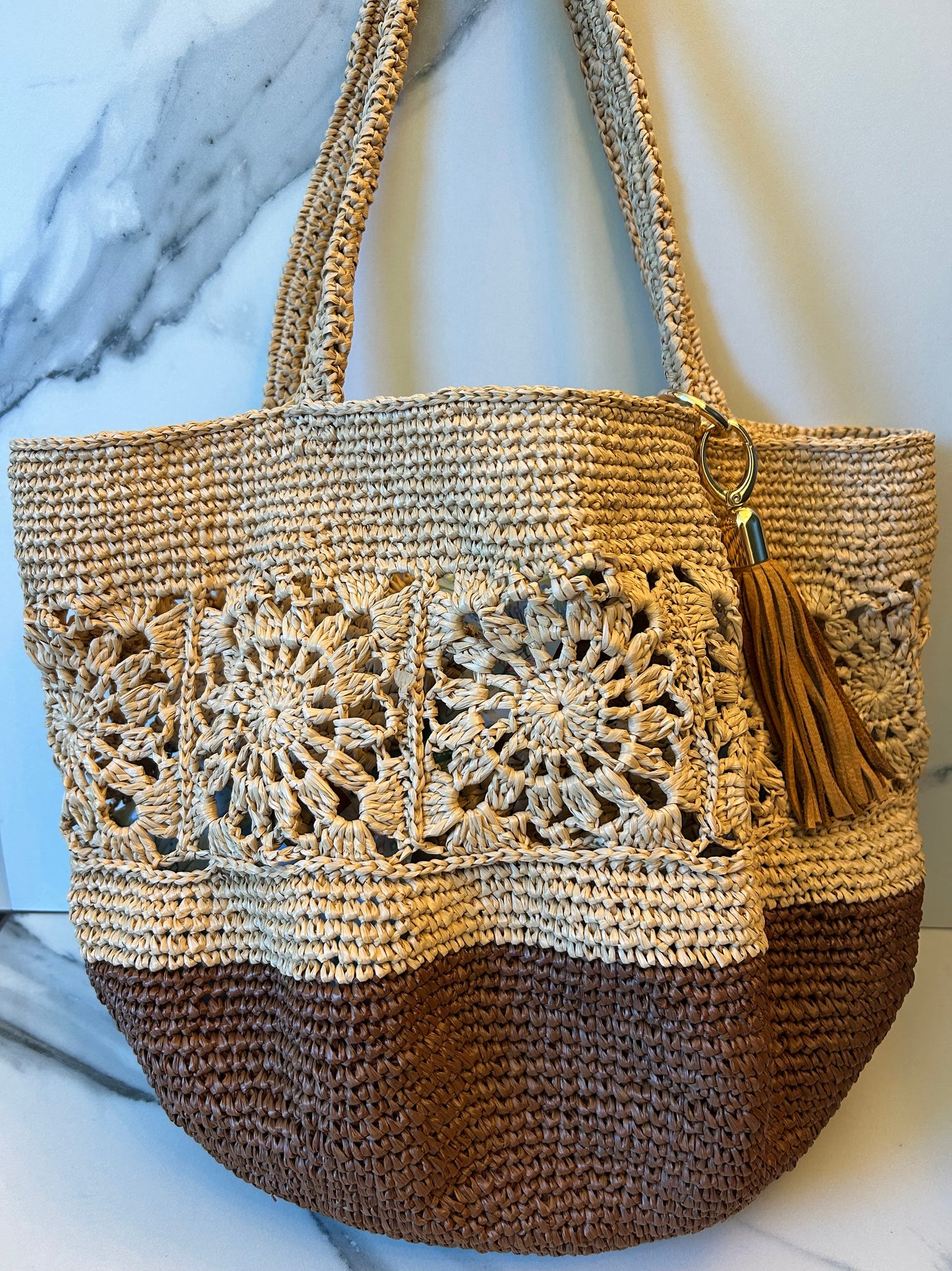 Espresso and Natural Granny Square Beach Bag