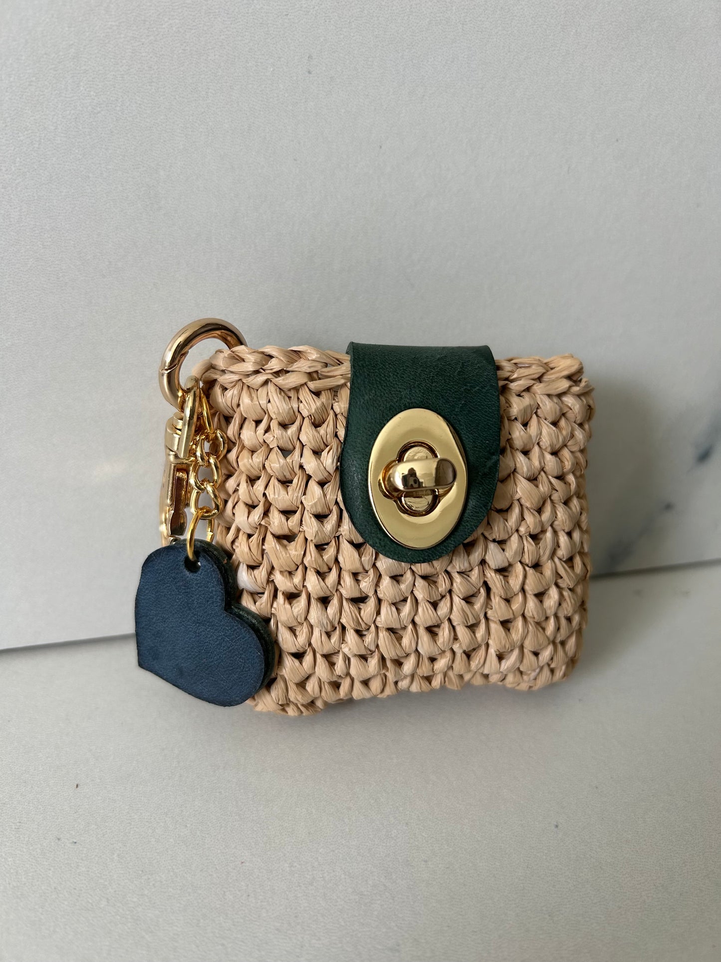 Natural Raffia and Teal Leather Heart AirPod Case