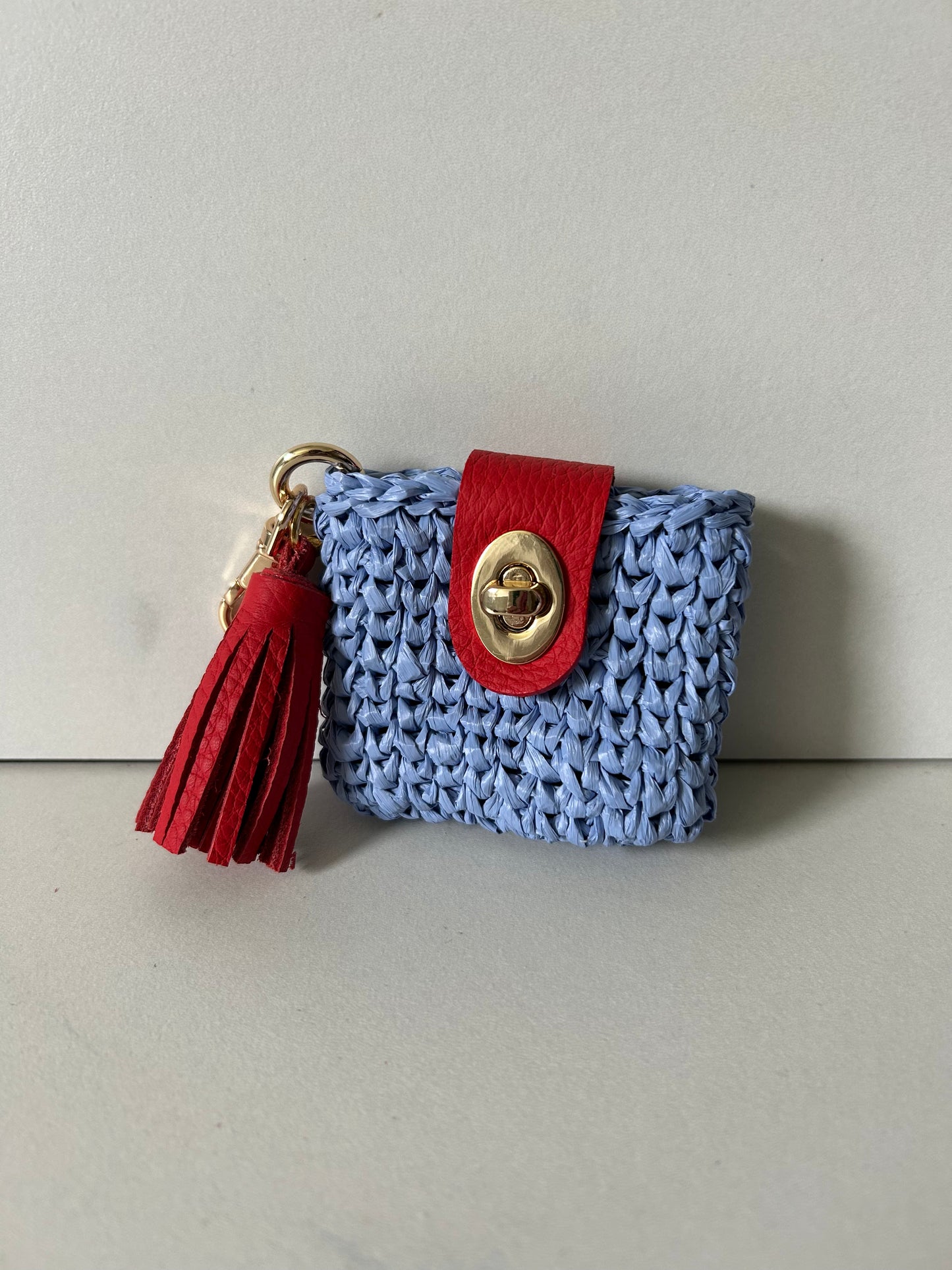 Jacaranda Blue Raffia with Red Leather and Tassel Air Pod Case