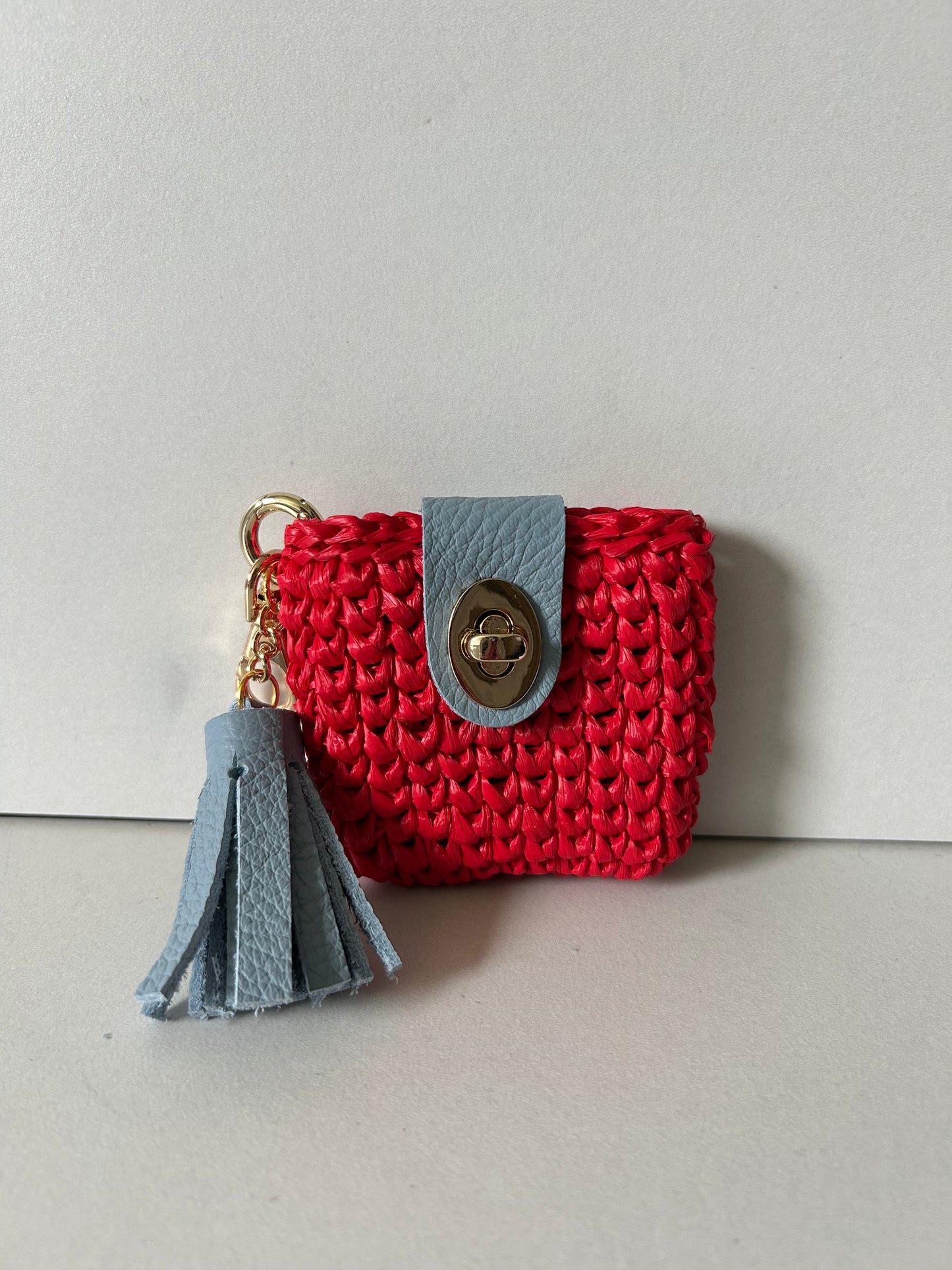 Red Raffia with Blue Leather and Tassel Air Pod Case