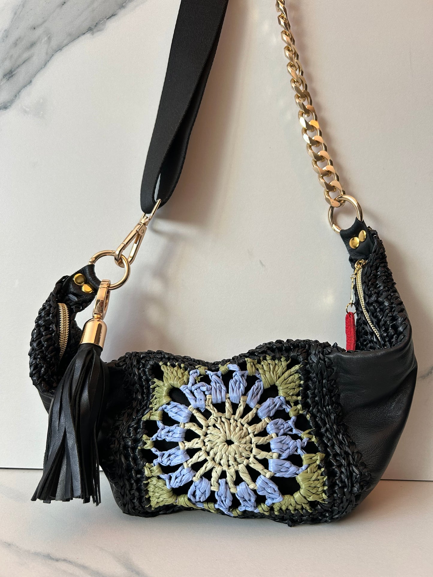 Black Leather and Multi-Color Granny Square Sling Bag