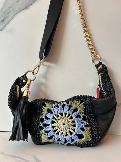 Black Leather and Multi-Color Granny Square Sling Bag