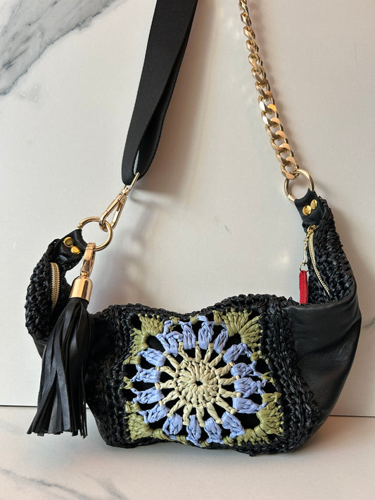 Black Leather and Multi-Color Granny Square Sling Bag