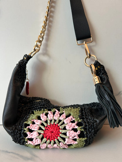 Black Leather and Multi-Color Granny Square Sling Bag