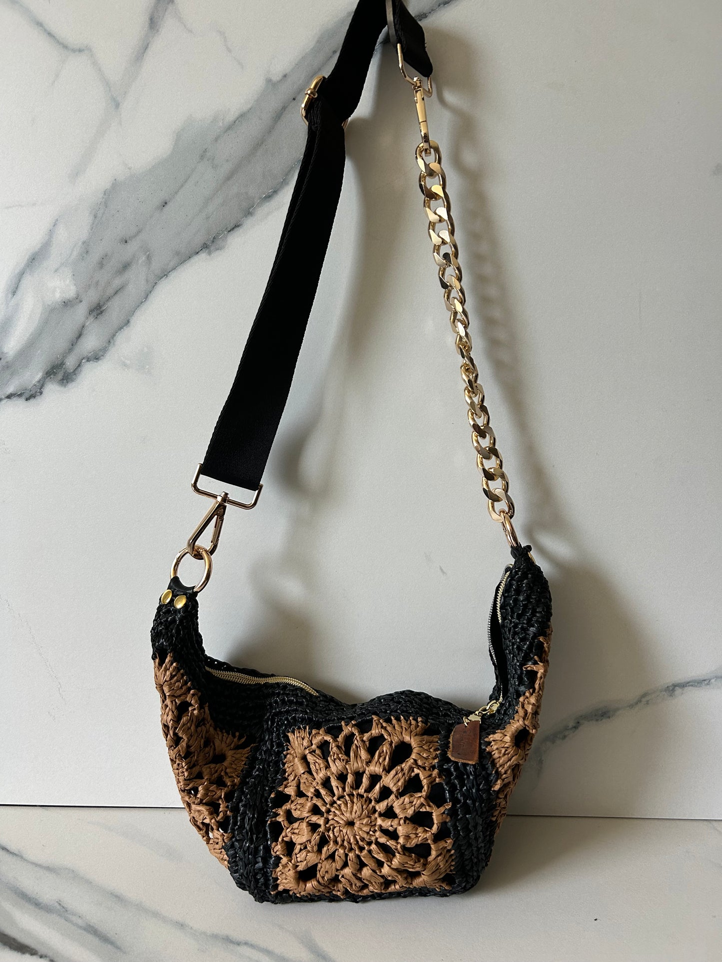 Black and Chocolate Granny Square Sling Bag