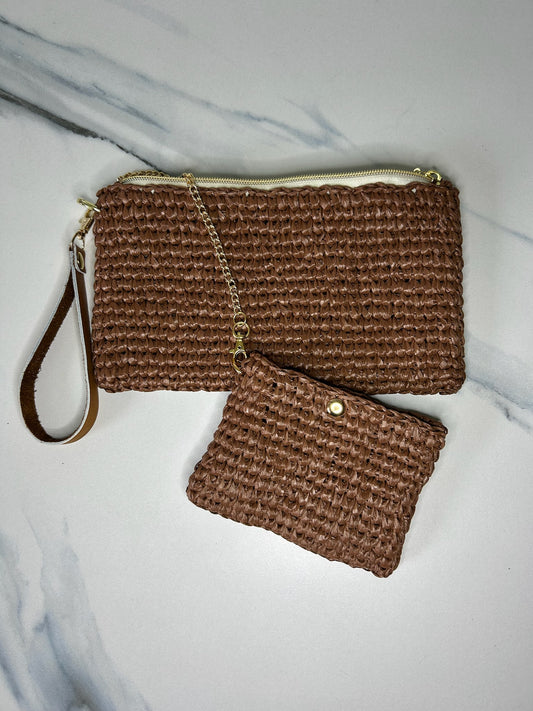 Chocolate Raffia Clutch With Pouch