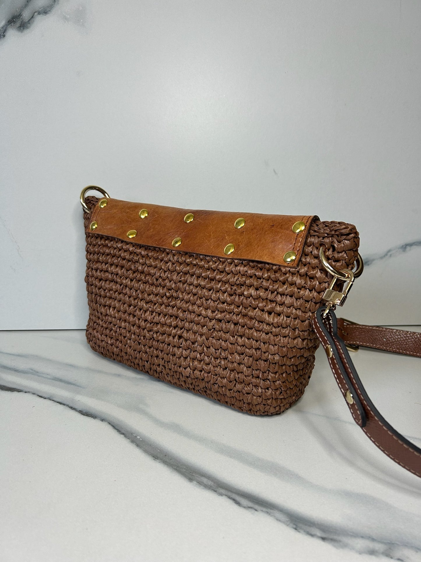 Chocolate Raffia and Italian Leather Bag