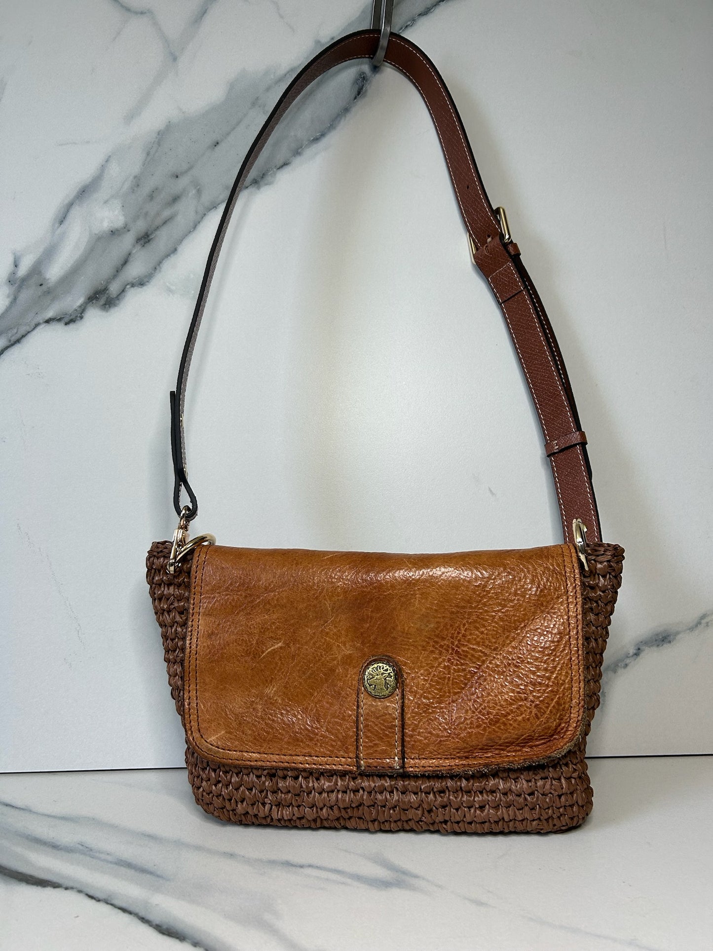 Chocolate Raffia and Italian Leather Bag