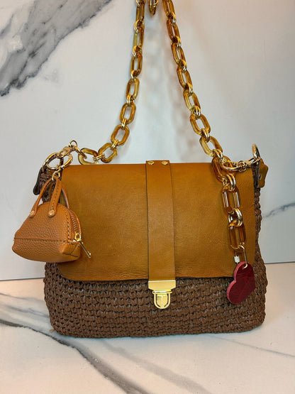 Chocolate Raffia and Italian Leather Bag