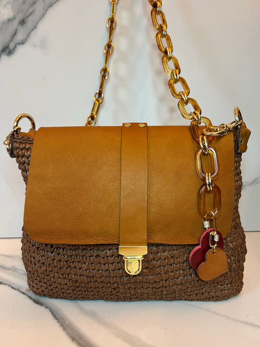 Chocolate Raffia and Italian Leather Bag