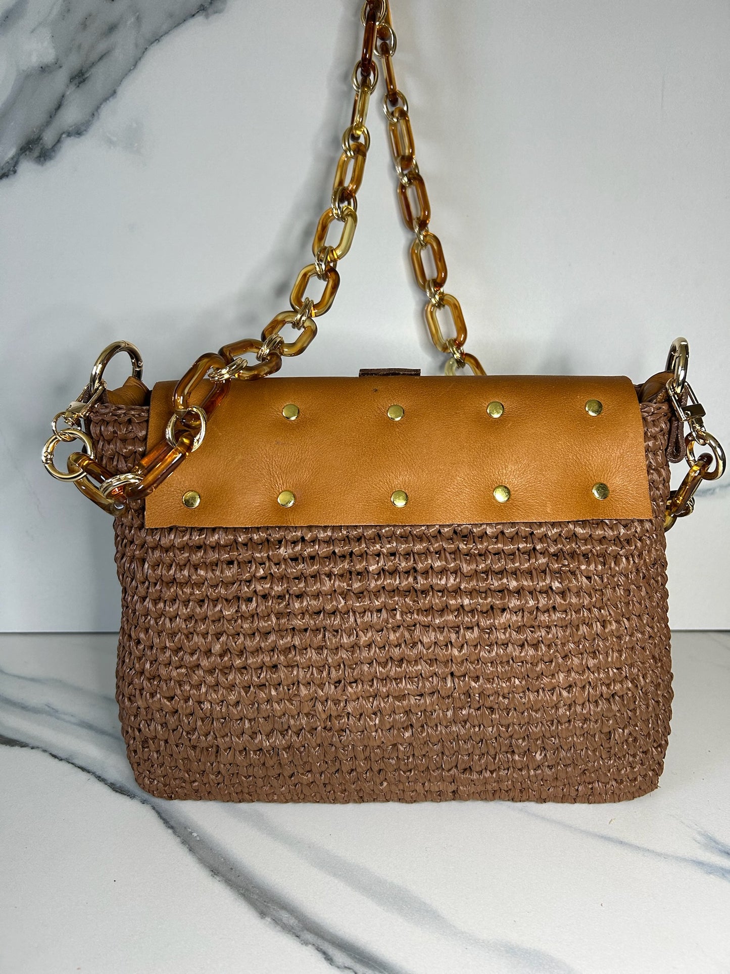 Chocolate Raffia and Italian Leather Bag