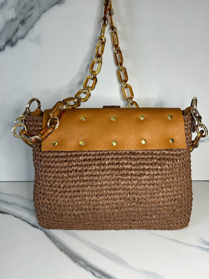 Chocolate Raffia and Italian Leather Bag