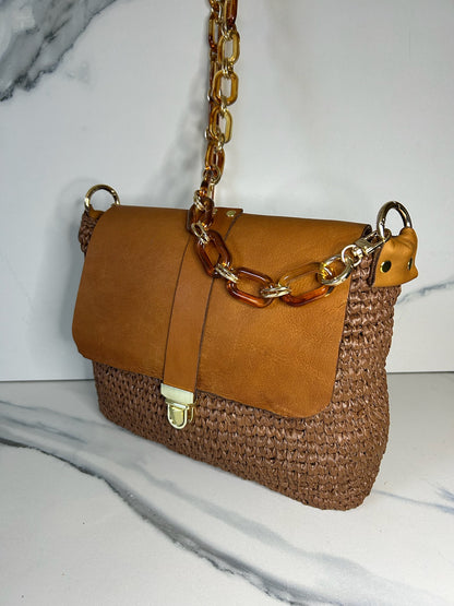 Chocolate Raffia and Italian Leather Bag