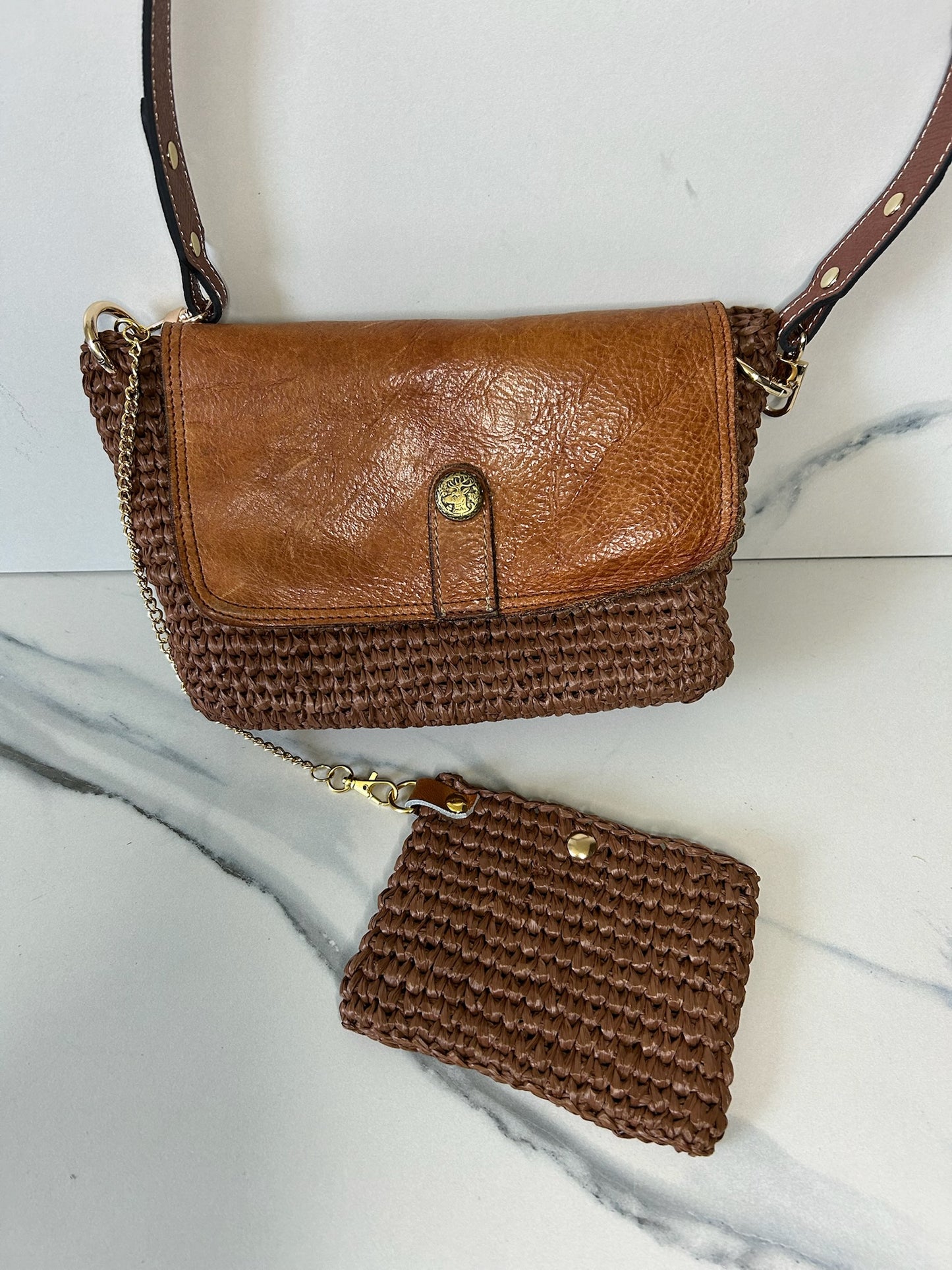 Chocolate Raffia and Italian Leather Bag