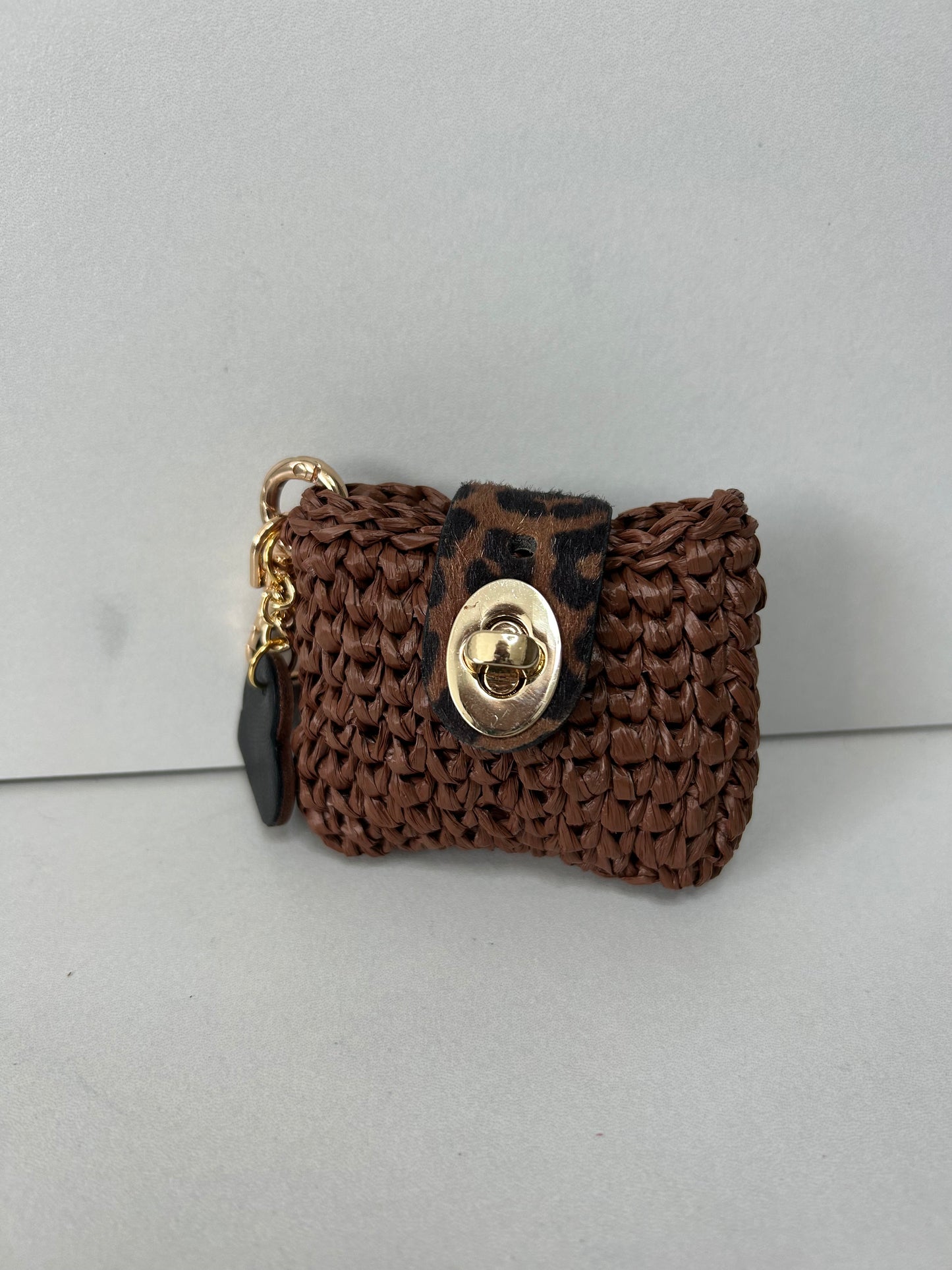 Espresso Raffia with Brown Leopard and Leather Heart AirPod Case