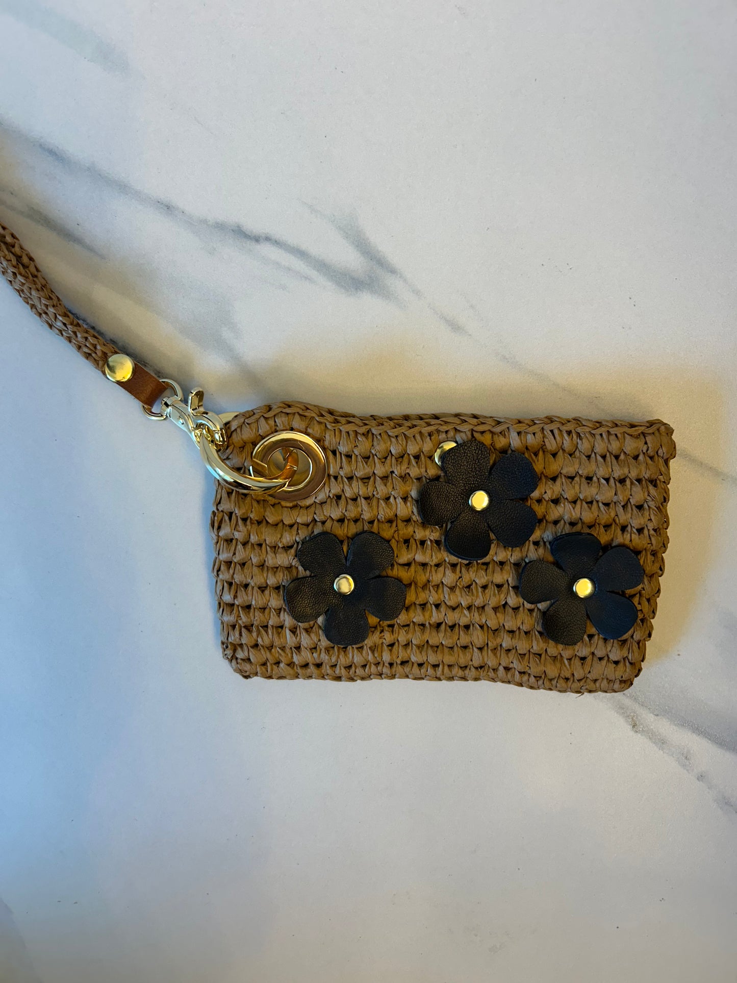 Chocolate Raffia with Leather Flowers Phone Wristlet