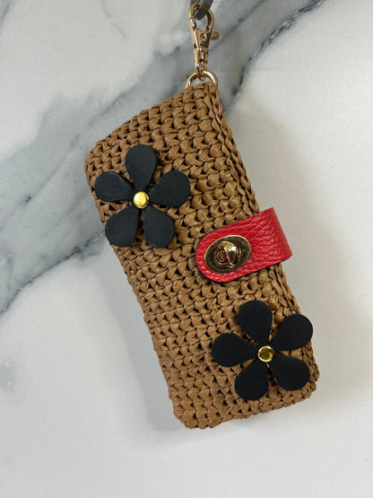 Chocolate Raffia with Red Leather Closure and Black Flowers Sunnies Case