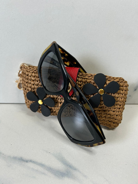 Chocolate Raffia with Red Leather Closure and Black Flowers Sunnies Case