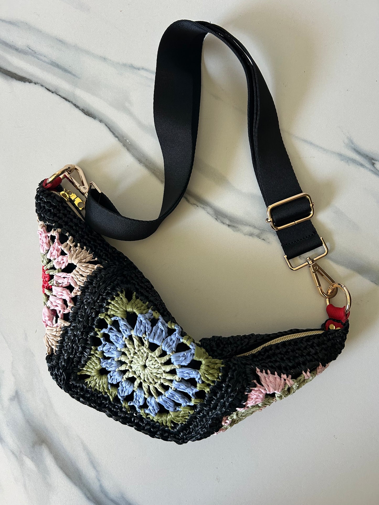 Multi-Color Granny Square Sling Bag (Blue Center, Pink Sides)