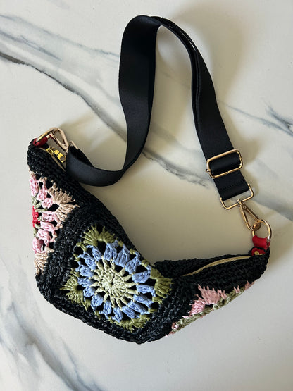 Multi-Color Granny Square Sling Bag (Blue Center, Pink Sides)