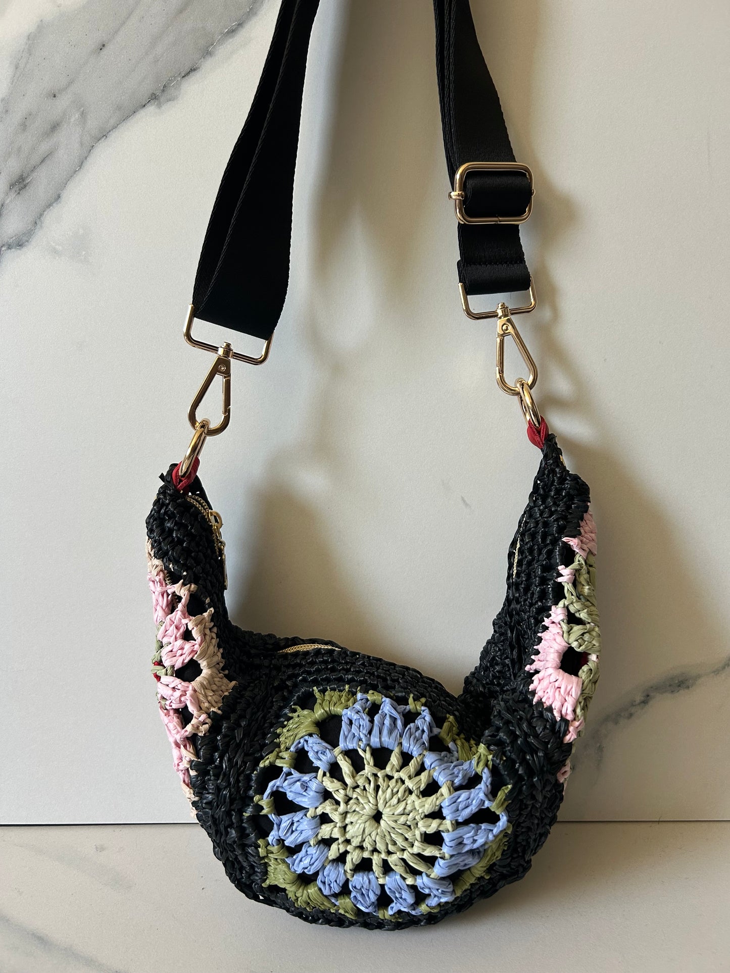 Multi-Color Granny Square Sling Bag (Blue Center, Pink Sides)