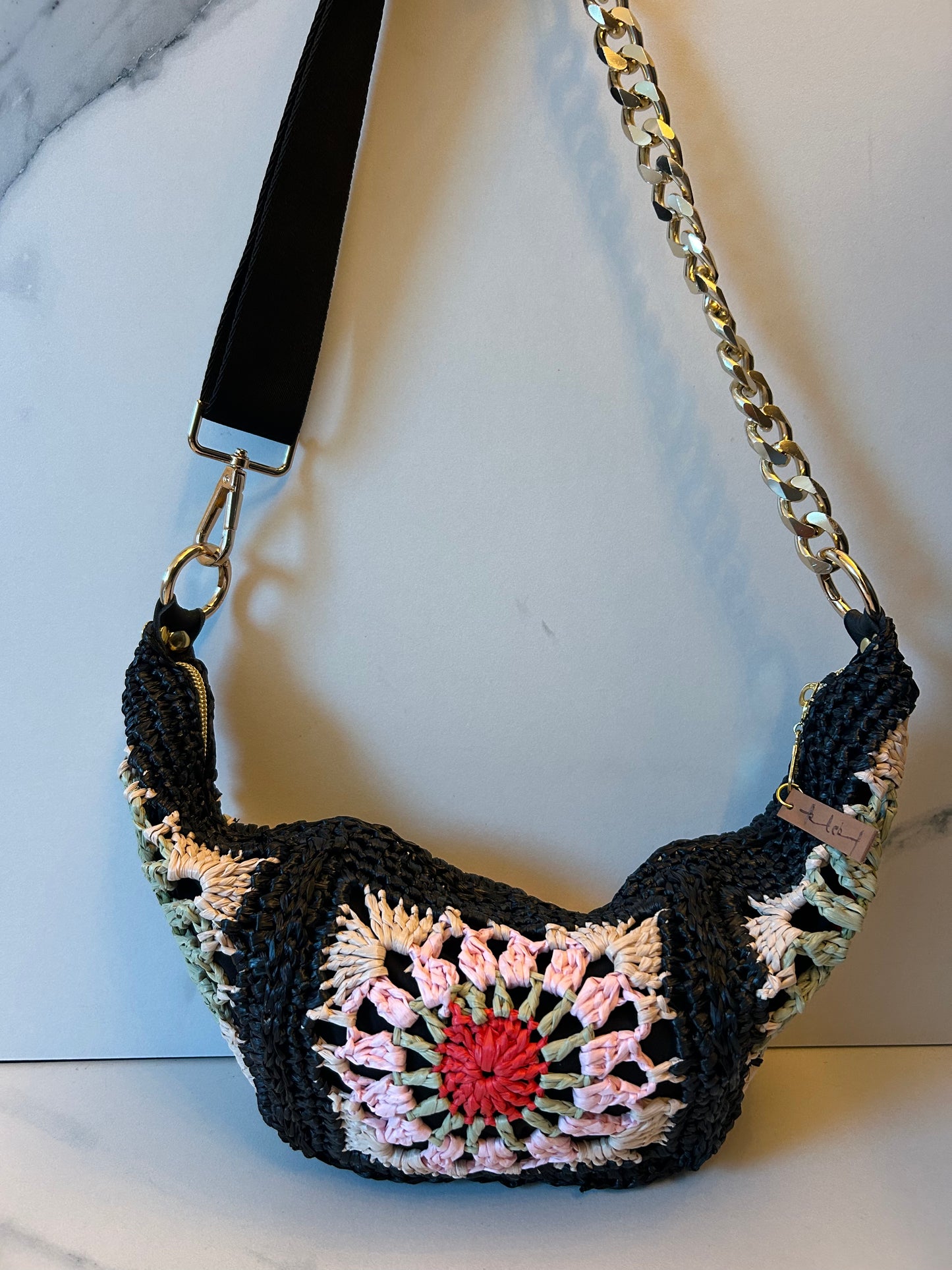 Multi-Color Granny Square Sling Bag (Pink Center, Green Sides)