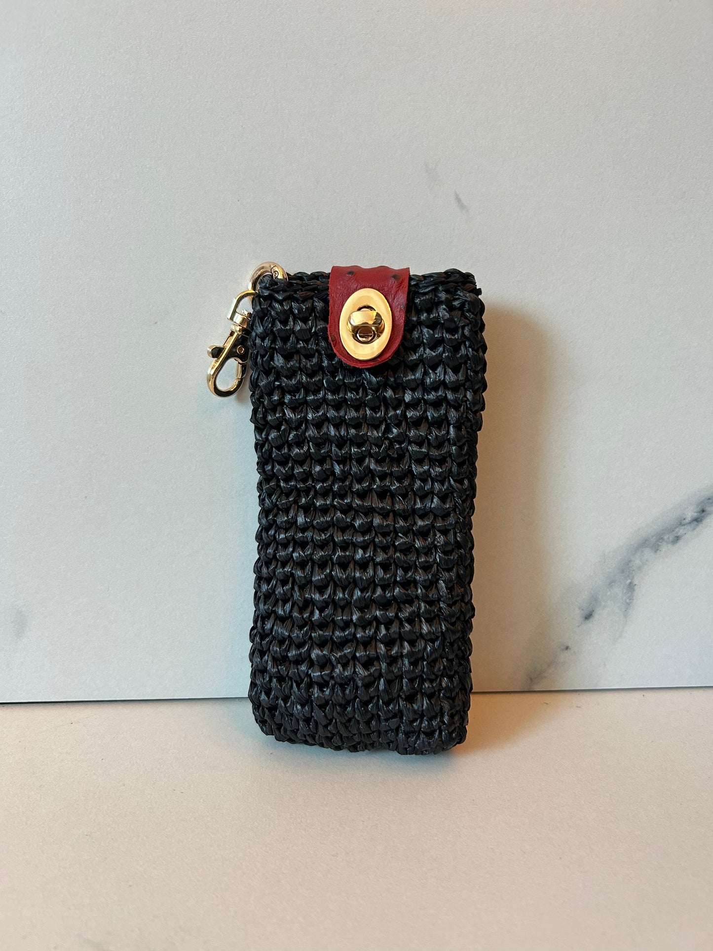 Black Raffia with Red Ostrich Leather Sunnies Case