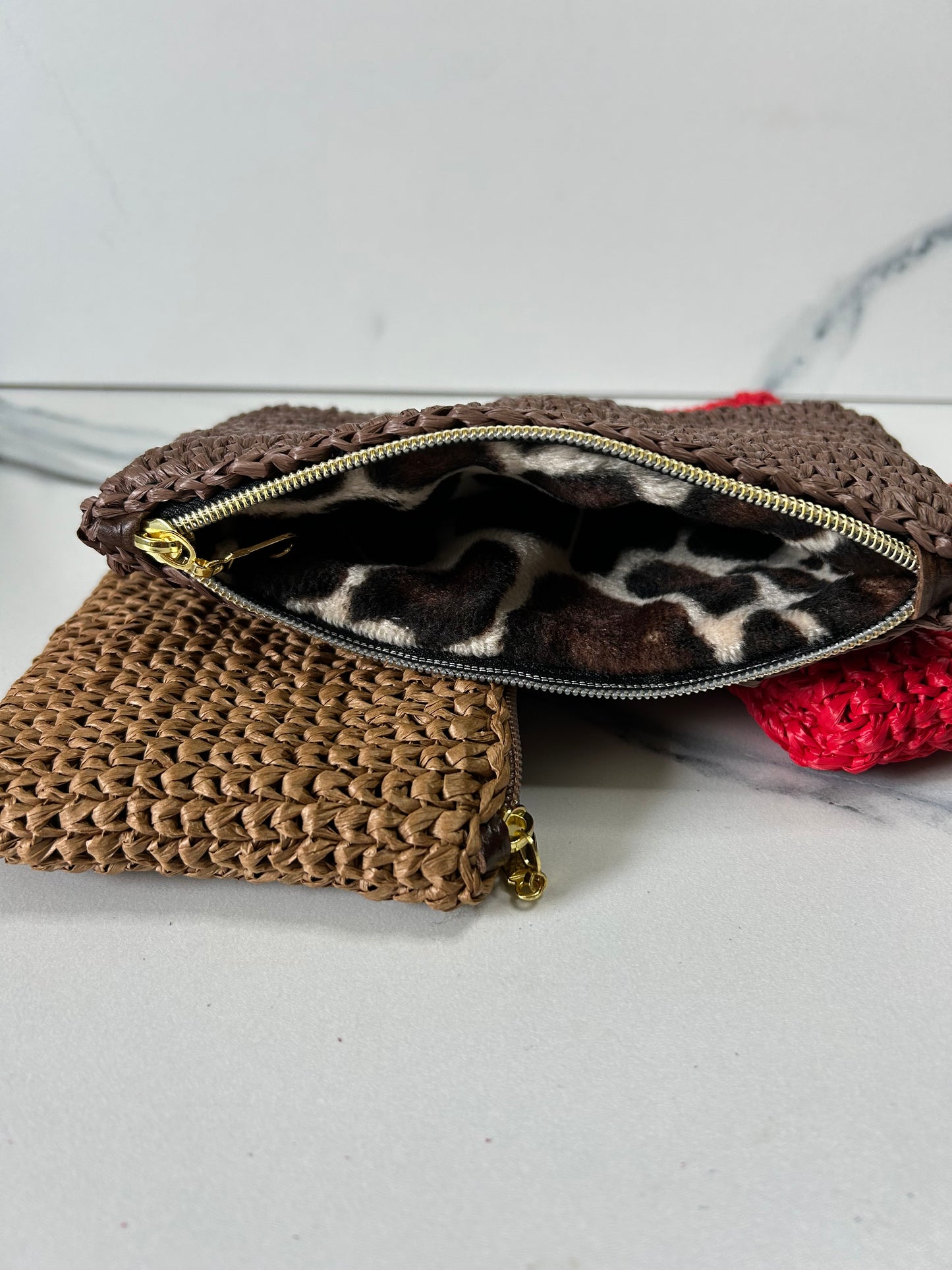 Italian Raffia Plush Lined Zipper Pouch