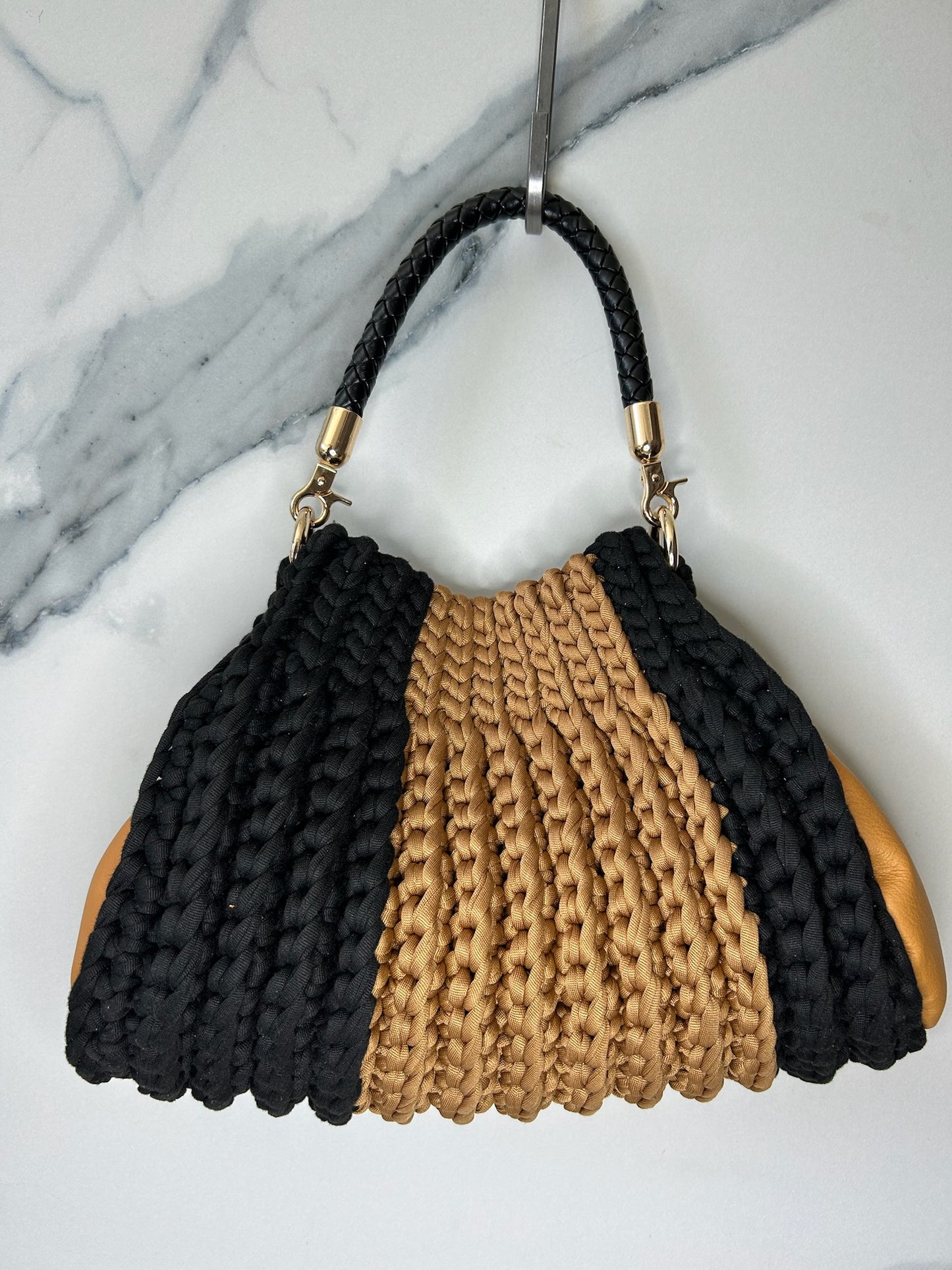 Black and Tan Italian Leather Gusset Waffle Bag