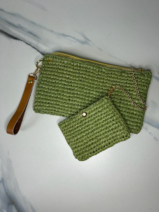 Matcha Raffia Clutch With Pouch