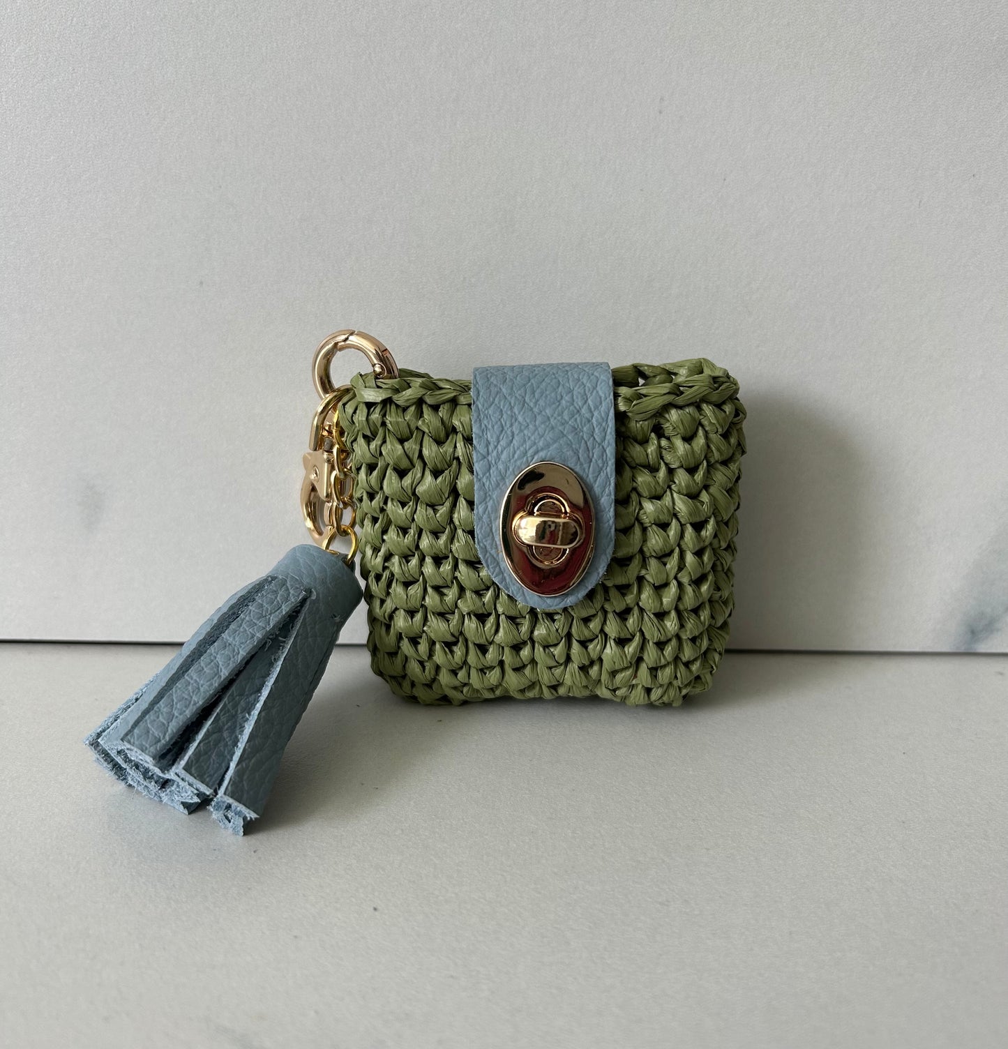 Matcha Raffia and Blue Leather Tassel AirPod Case