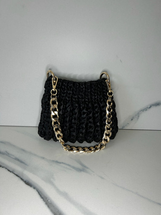 Matte Black Faux Leather Mini Waffle Bag