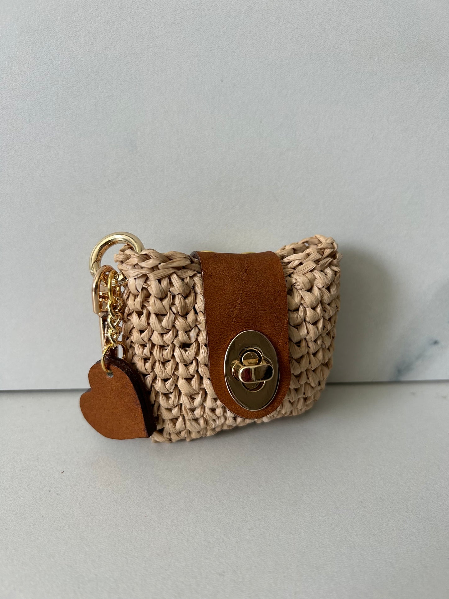 Natural Raffia and Brown Leather Heart AirPod Case