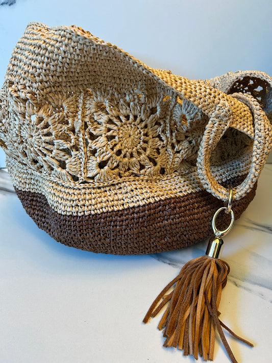 Espresso and Natural Granny Square Beach Bag