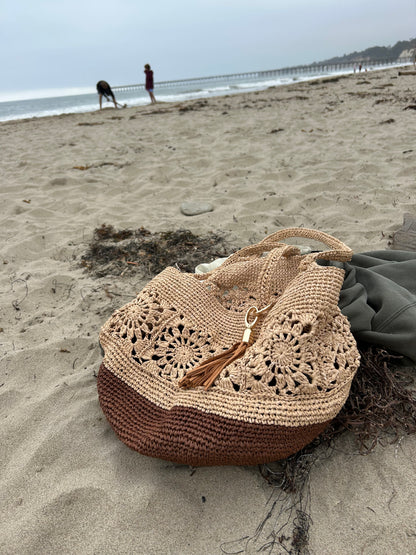 Espresso and Natural Granny Square Beach Bag