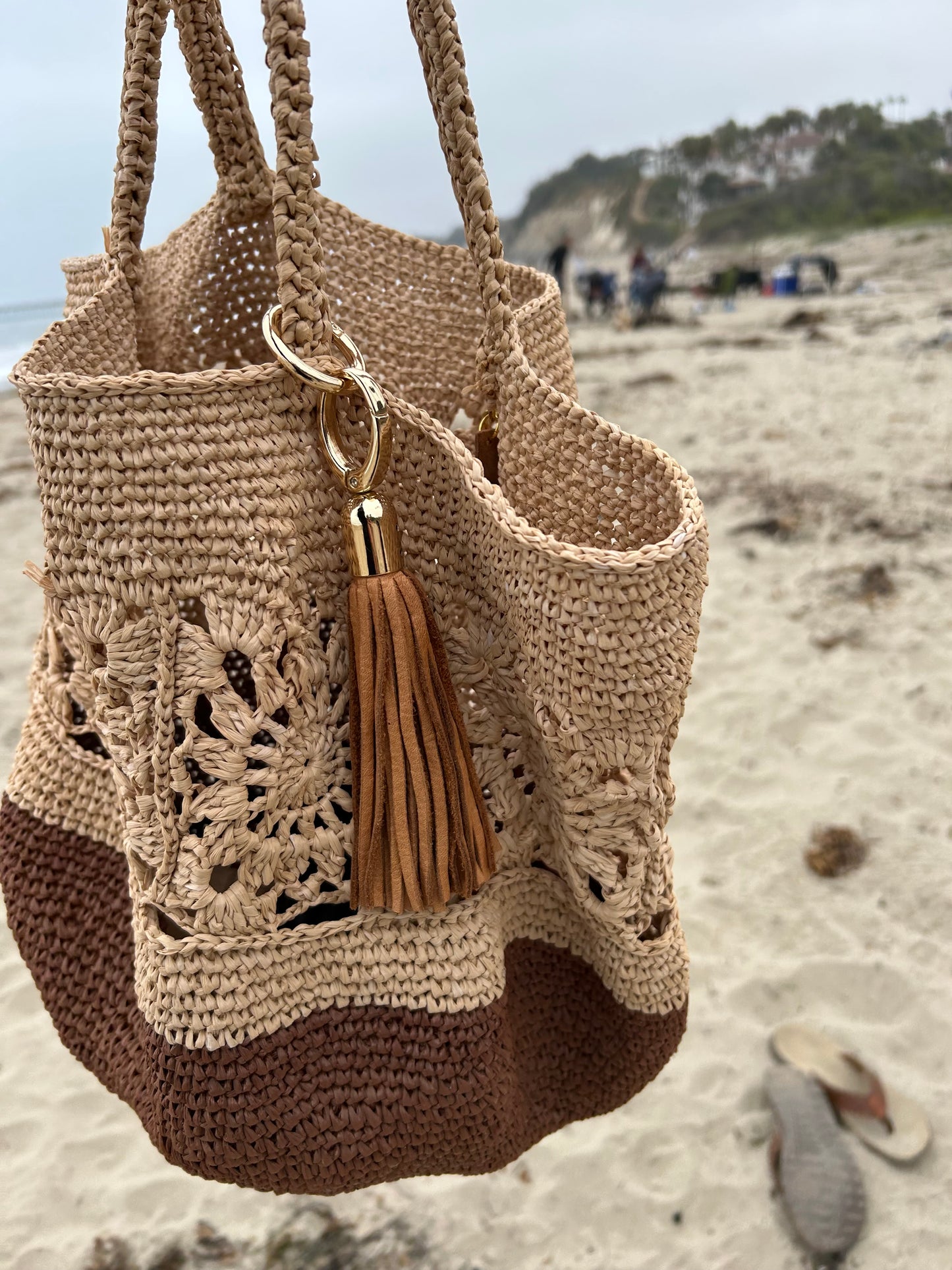 Espresso and Natural Granny Square Beach Bag
