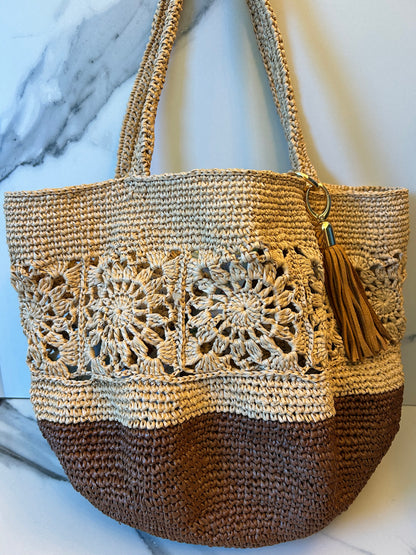 Espresso and Natural Granny Square Beach Bag