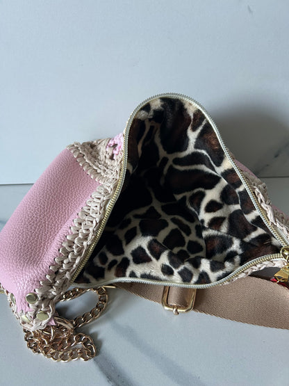 Pink Leather and Multi-Color Granny Square Sling Bag