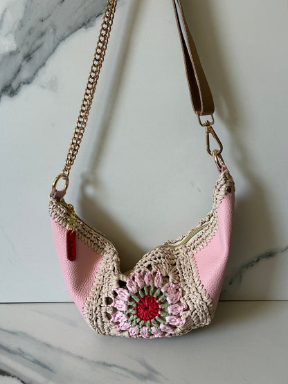 Pink Leather and Multi-Color Granny Square Sling Bag