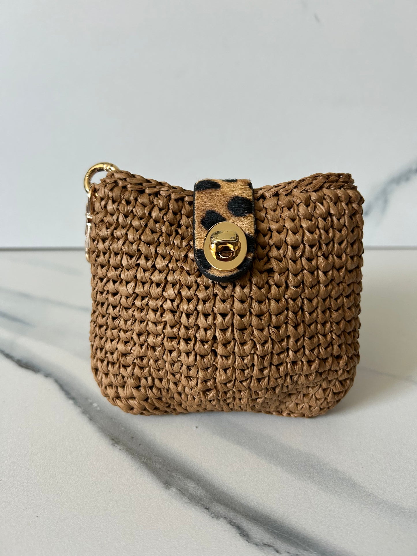 Chocolate Raffia Pouch with Leopard and Gold Closure